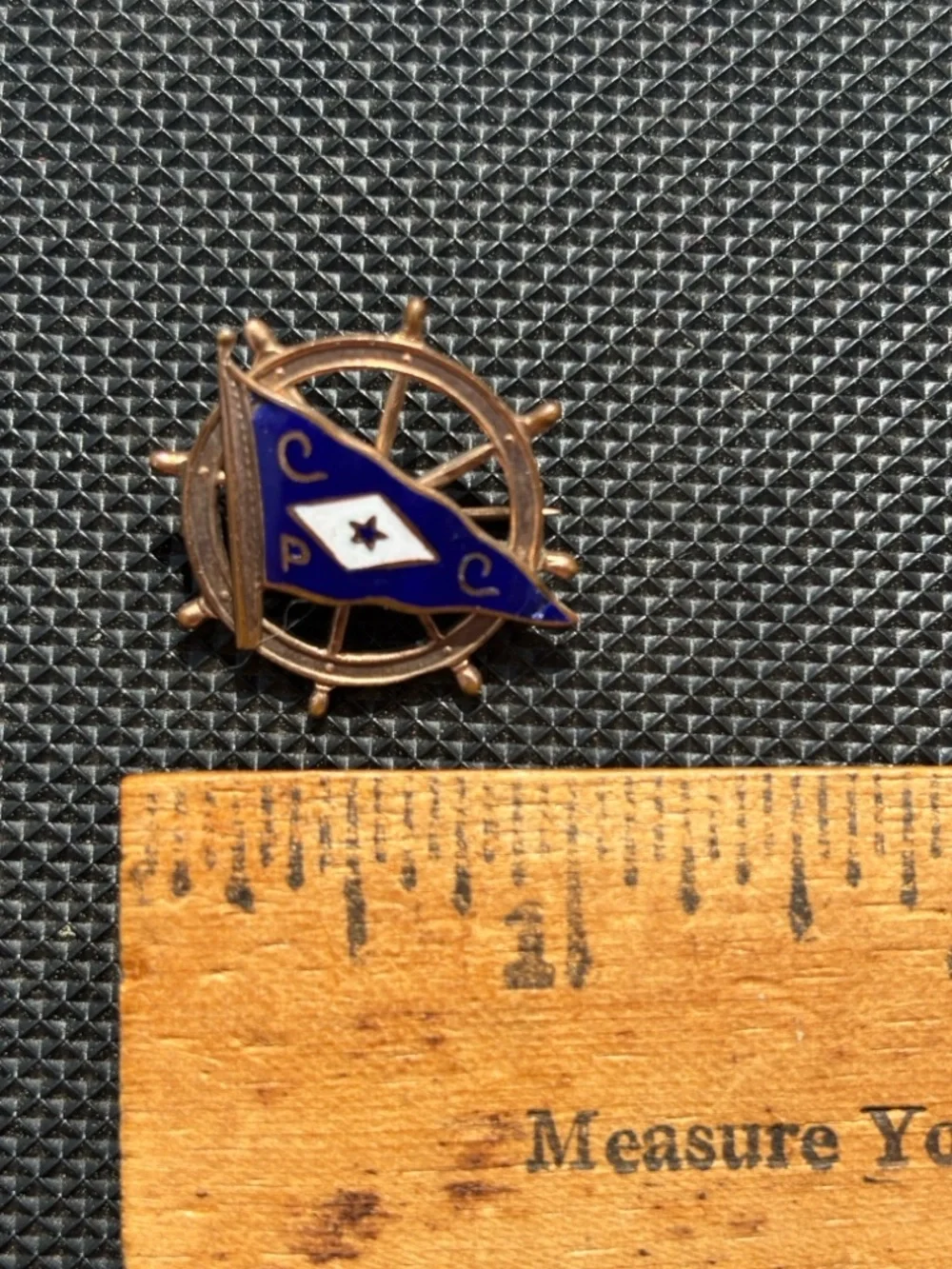 Vintage Nautical Ship Wheel Brooch Gold Tone CPC Yacht Club Burgee Pin